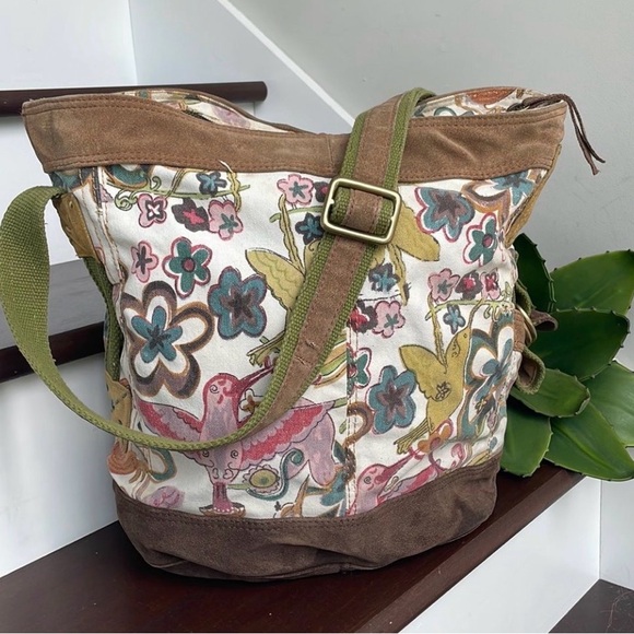 Lucky Brand Handbags - Lucky Brand Shoulder Bag Multicolor Floral Canvas Genuine Suede Boho Chic Tote